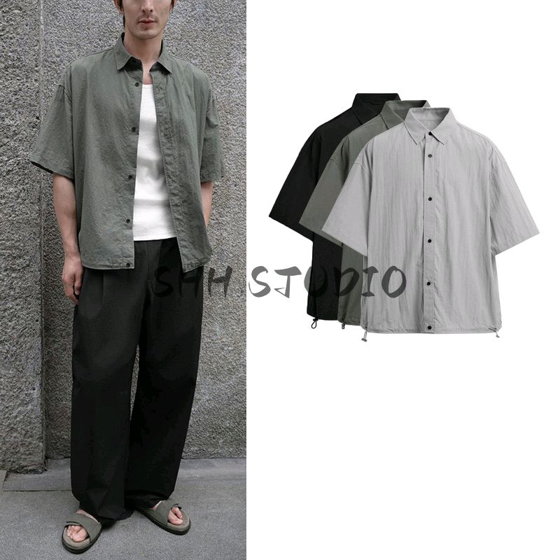 Summer New Men's Wear Single Row Multi-Buckle Lapel Loose-Fitting Lightweight Thin Technology Fabric Short Sleeve Shirt 9621950