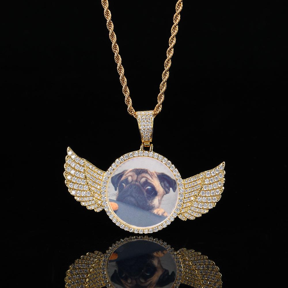 Angel Wings Photo Pendant Necklace with Zirconia - Hip Hop Style Memory Frame