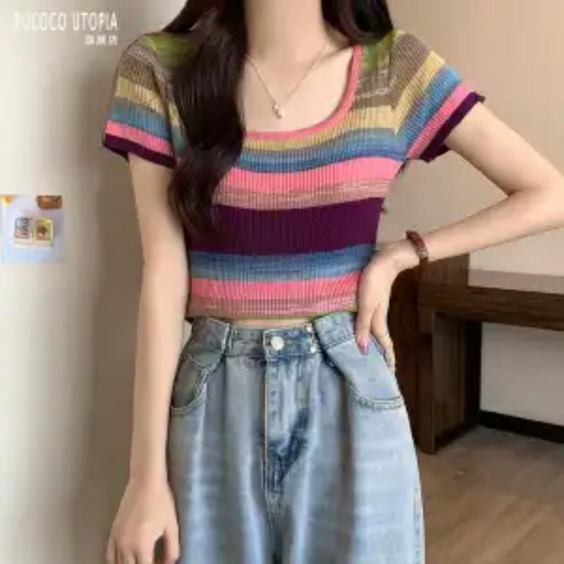 Women's Multicolor Stripe Knit Short Sleeve Crop Top