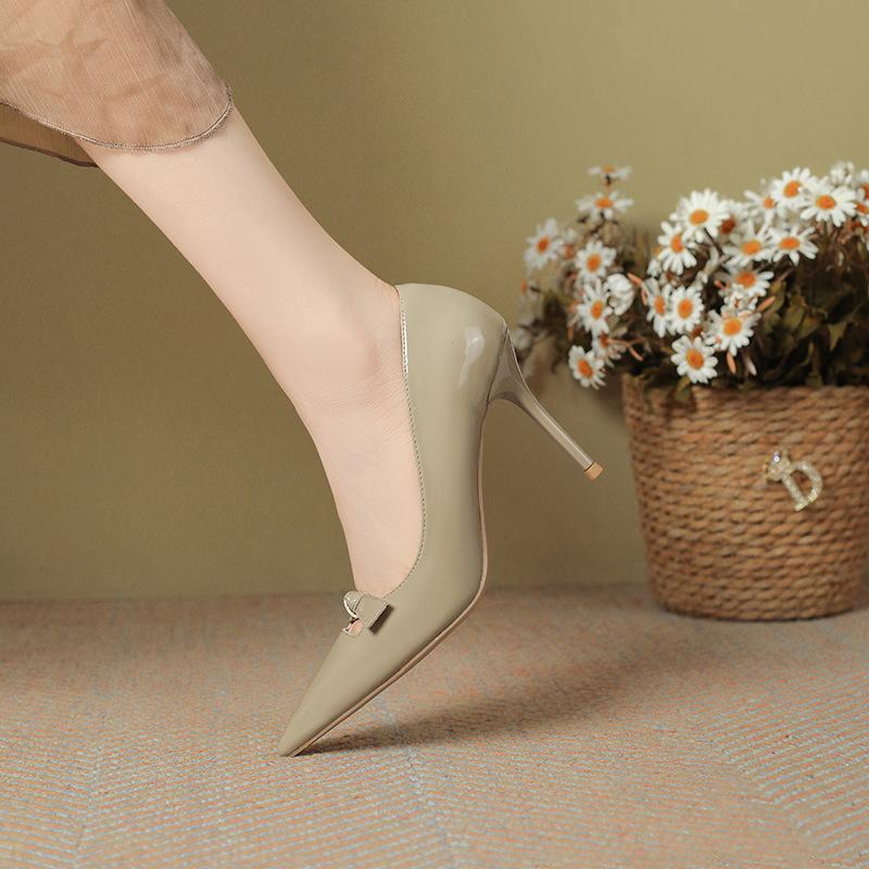 Nude Patent Leather High Heels Women's Spring Summer New Stiletto with Skirt Bow Versatile Temperament High-end Single Shoes