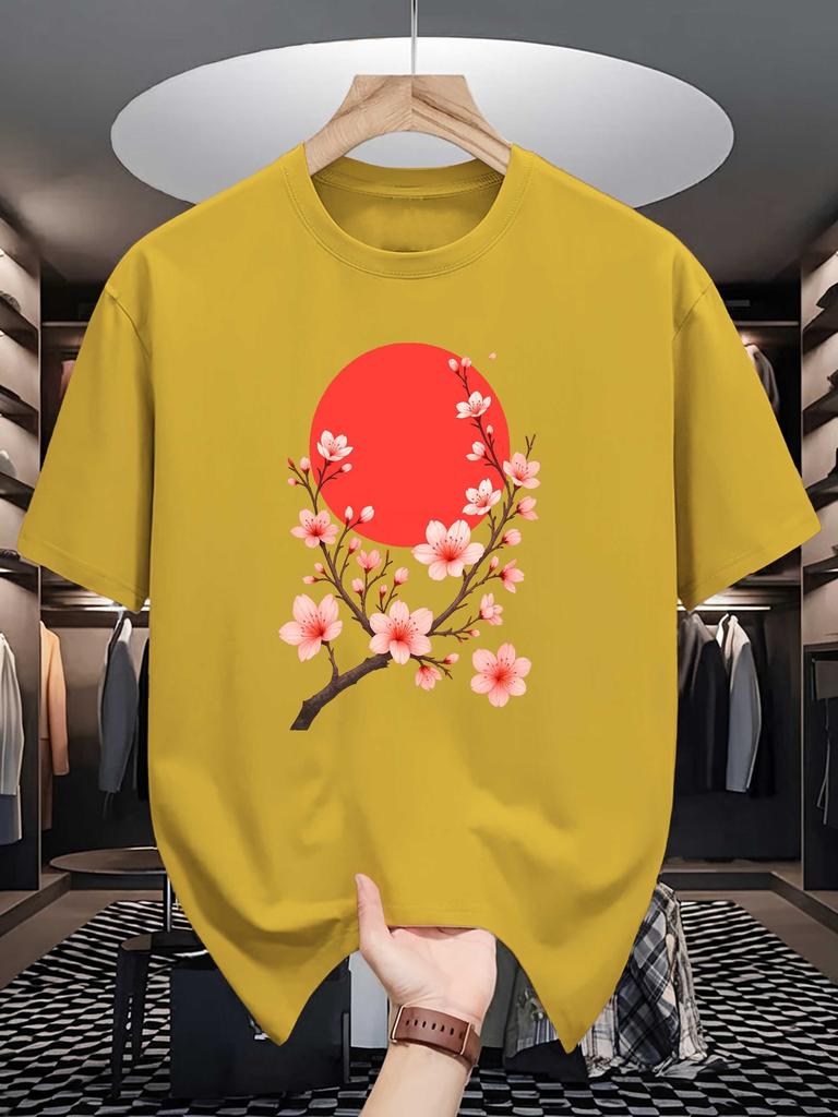 Unisex Yellow Tee Oriental Plum Blossom Floral Sun Graphic Print Crew Neck Short Sleeve Summer Casual Male Cotton Street Top