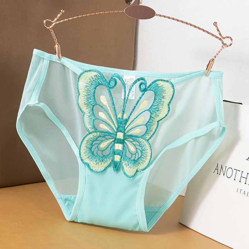 Plus-size Ladies Summer Lace Butterfly Embroidery Hollow Mesh Cotton Crotch Waist Panties