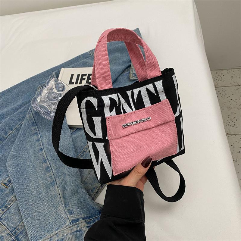 Small Mini Letter Printed Handheld Canvas Bag Contrasting Color Casual Shoulder Bag