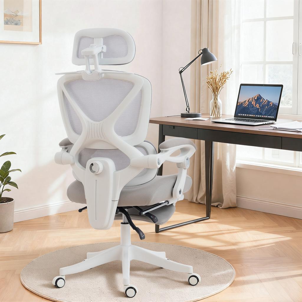 Reclining Mesh Desk Chair with Headrest, Lumbar Support, Footrest and Adjustable Height, Light Gray