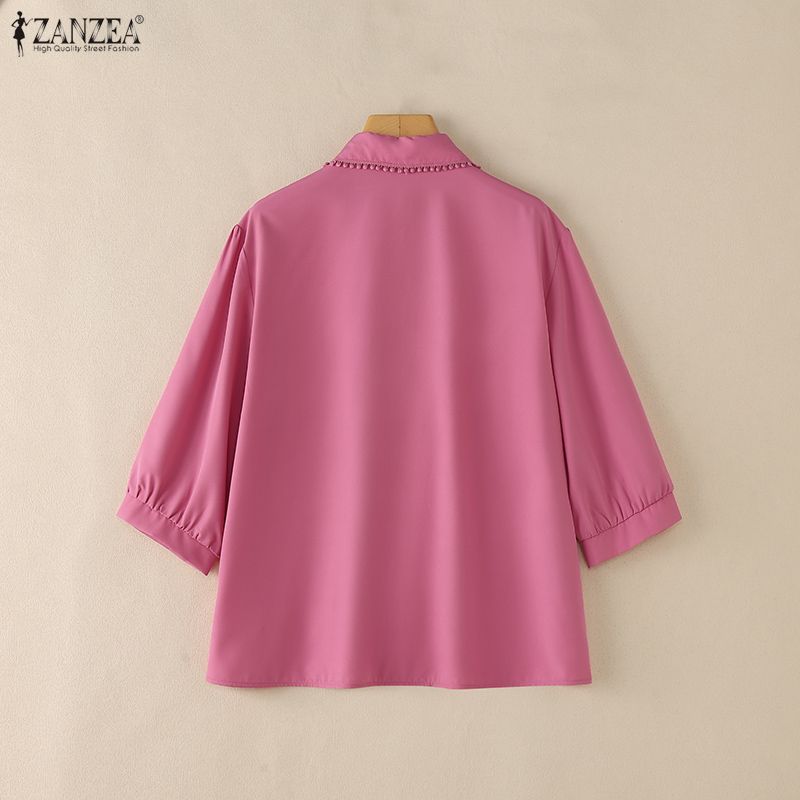 ZANZEA Women Casual Turn Down Collar 3/4 Sleeve Lace Splice Blouse