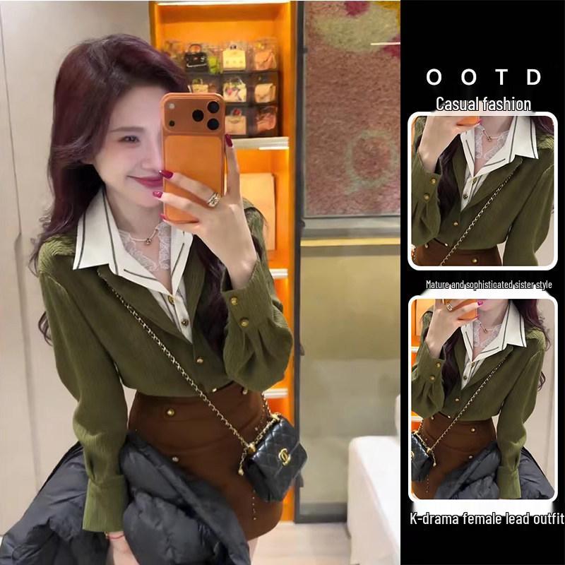 Women s Retro Green Two-Piece Slim Fit Shirt - Spring/Autumn 2026 Fashion Large