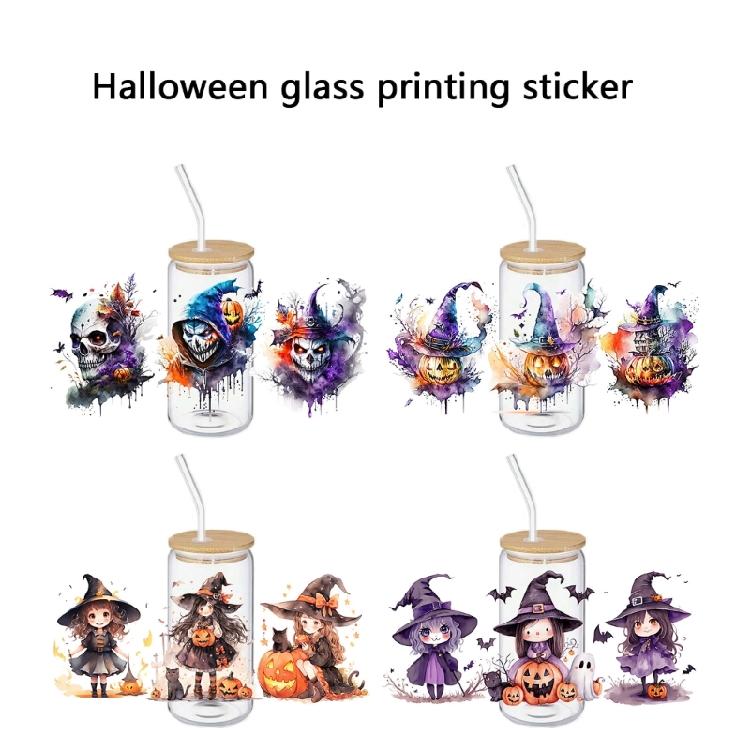 Horror Halloween 16Oz Glass Cup Tumblers Transfer Sticker Cartoon Girl Pattern Adhesive Decal for Holiday Decorations