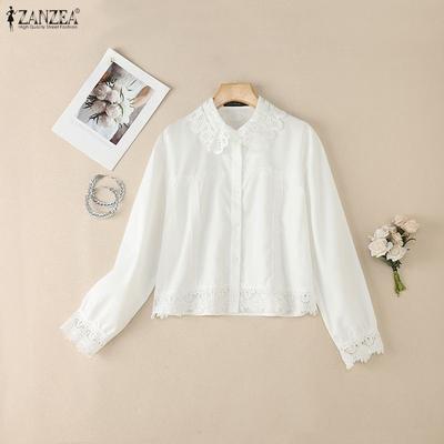 Women Casual Turn Down Collar Long Sleeve Lace Splice Blouse