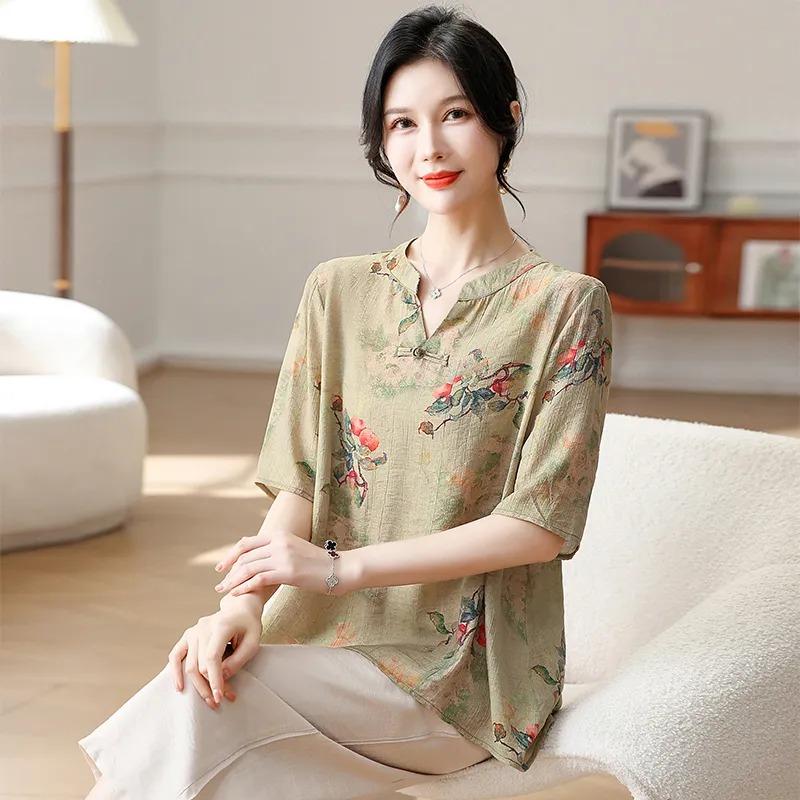 Women's Linen Floral Print Blouse Casual V-neck Half Sleeve Loose Fit Retro Chinese Style Top