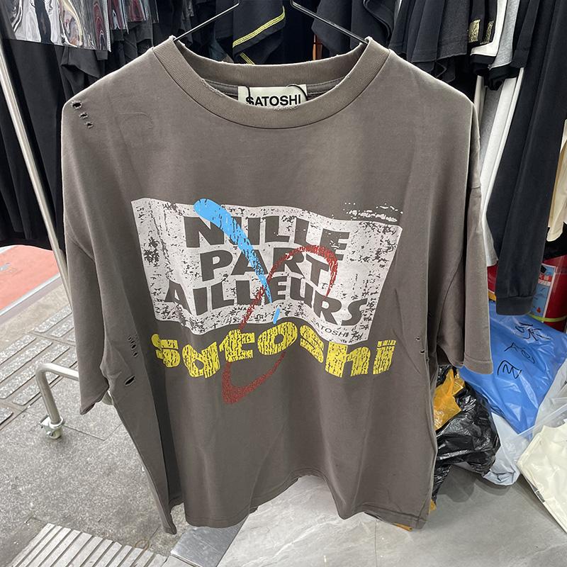 RogueWave Men Woman Fashion Crewneck Washed Damaged Hole Old Graffiti Top Tee Print Short Sleeve Streetwear
