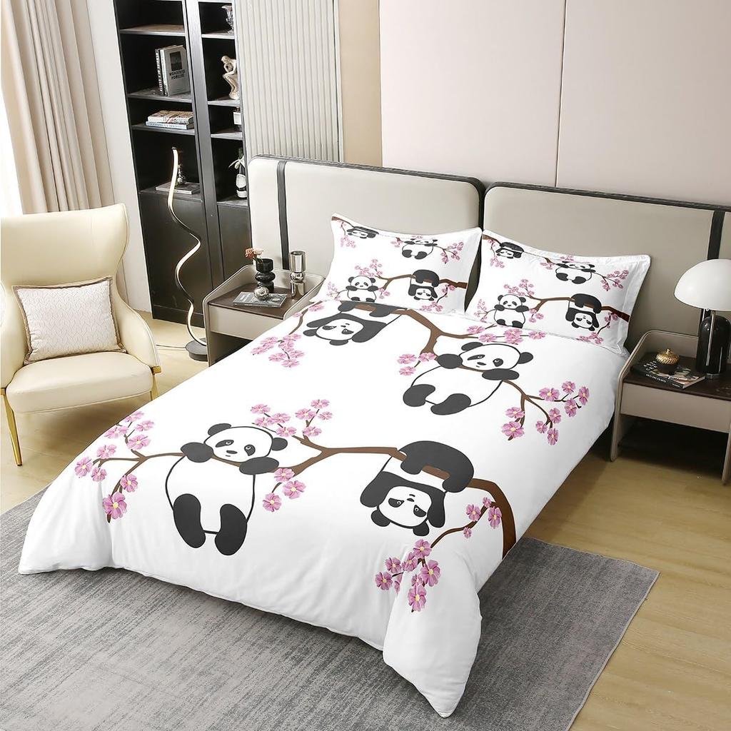 Cute Giant Panda Duvet Cover Set Single Size Cherry Blossoms Bedding Set With 1 Pillowcase Cartoon Animal Quilt