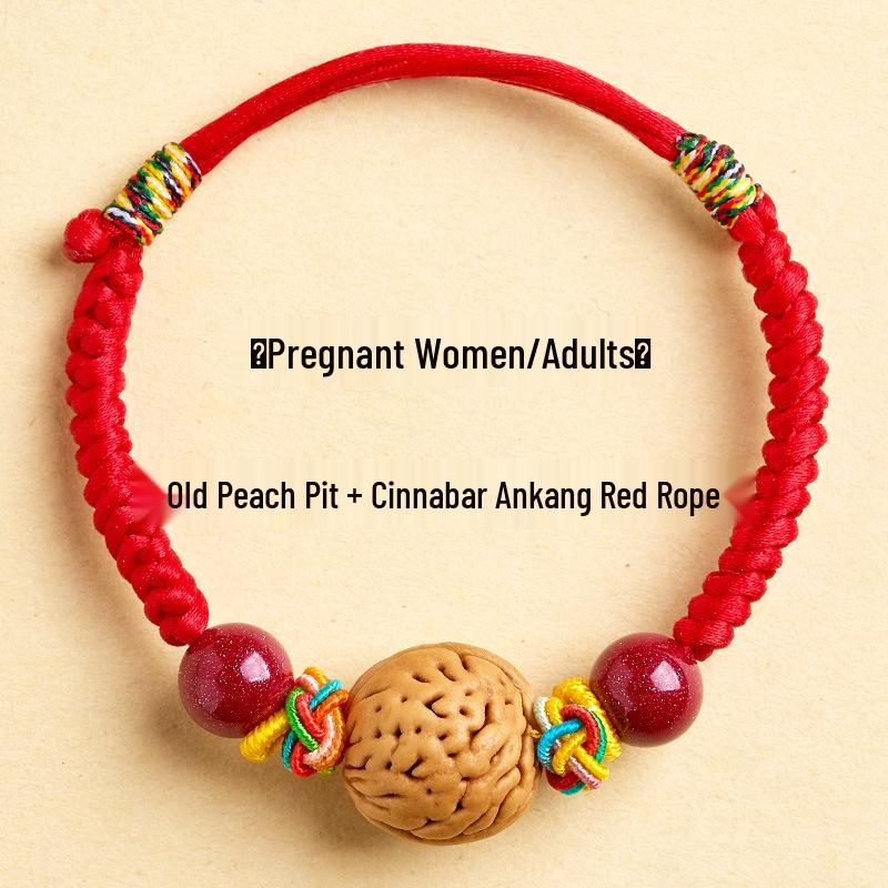 Wild Peach Wood Baby Amulet Bracelet: Soothing Red String with Peach Pit for Benmingnian & Pregnant Women.