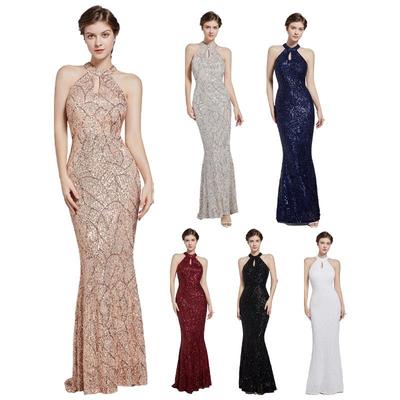 Robe de soirée sirène élégante à sequins et col halter, sans manches, avec découpe, formelle pour femmes, idéale pour le bal de fin d'études et les fêtes