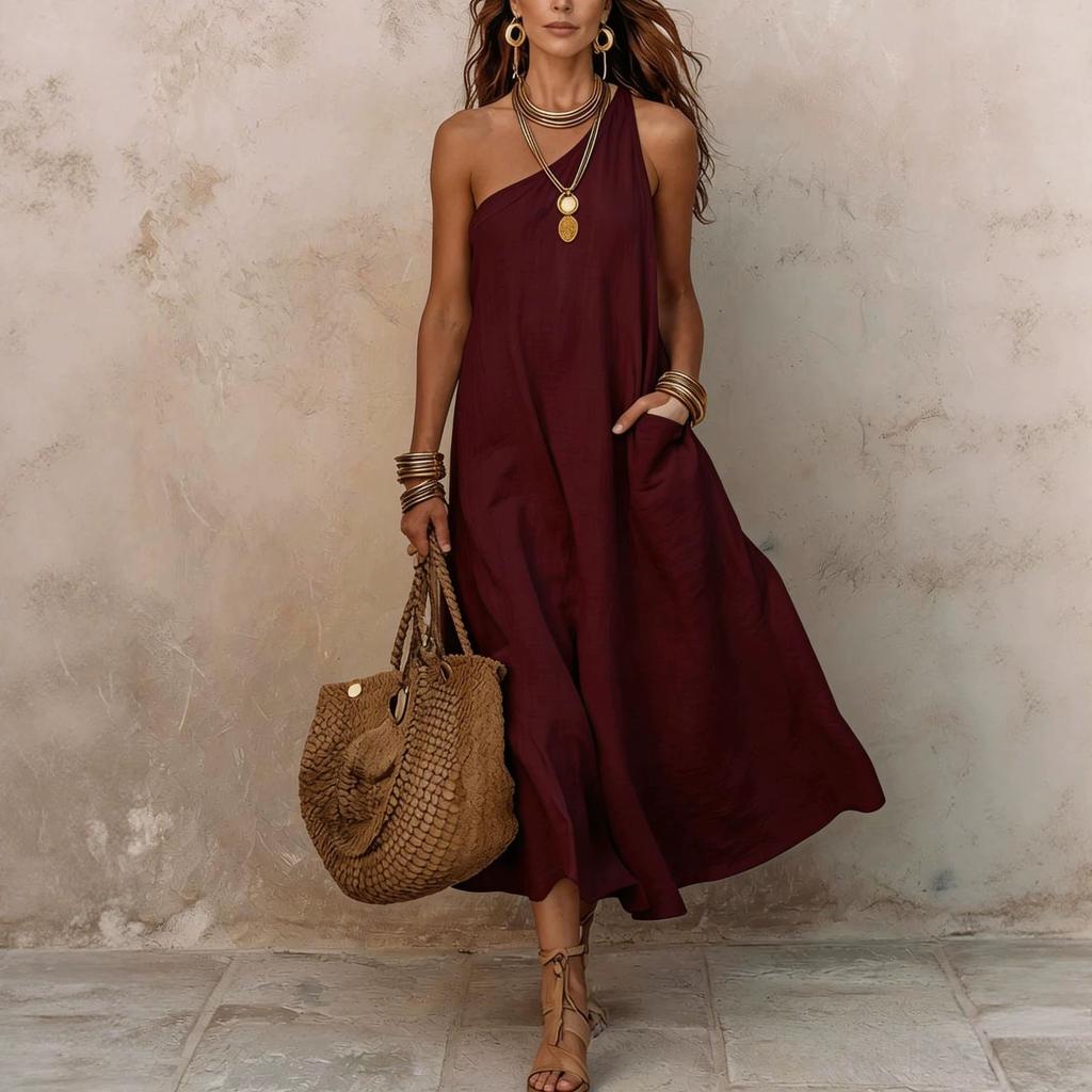 Women One Shoulder Maxi Dress White Solid Color Summer Beach Holiday Vacation Dresses