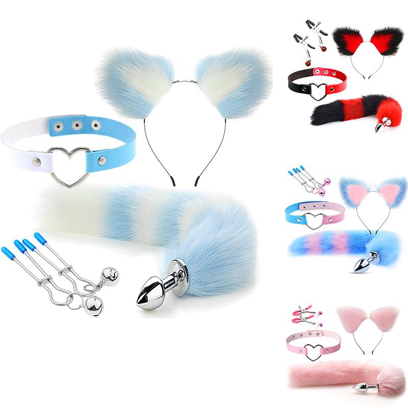 4Pcs Set Cute Fox Butt Tail Collar Anal Plug Nipple Clamp Soft Cat Ears Headbands Cosplay Adult Sex Toys Accessories