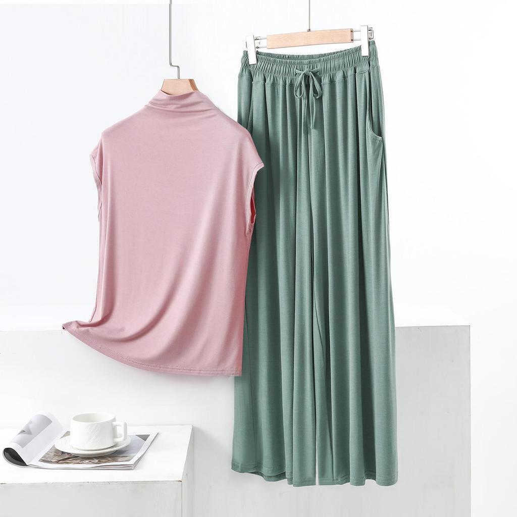 Summer High-Neck Sleeveless Top & Color Block Wide-Leg Pants Two-Piece Set