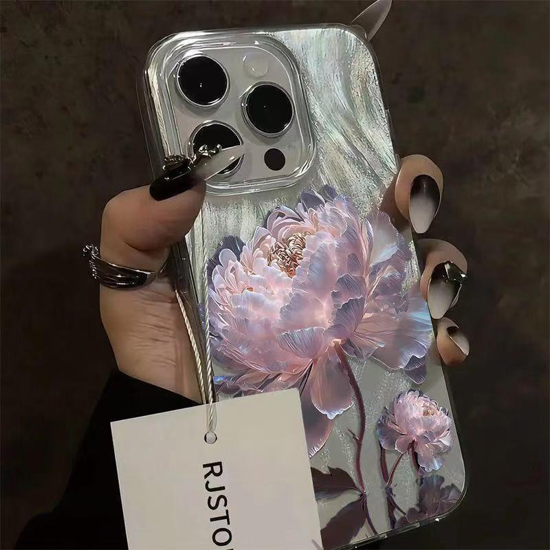 

Рожева півонія та лотос Принт Чохол для телефону для IPhone 16 15 14 13 12 11 17 Air Pro Max 15 Pro 7 8 Plus 16e Ударостійкий Позолочений Сріблом Чохол For iPhone 16e