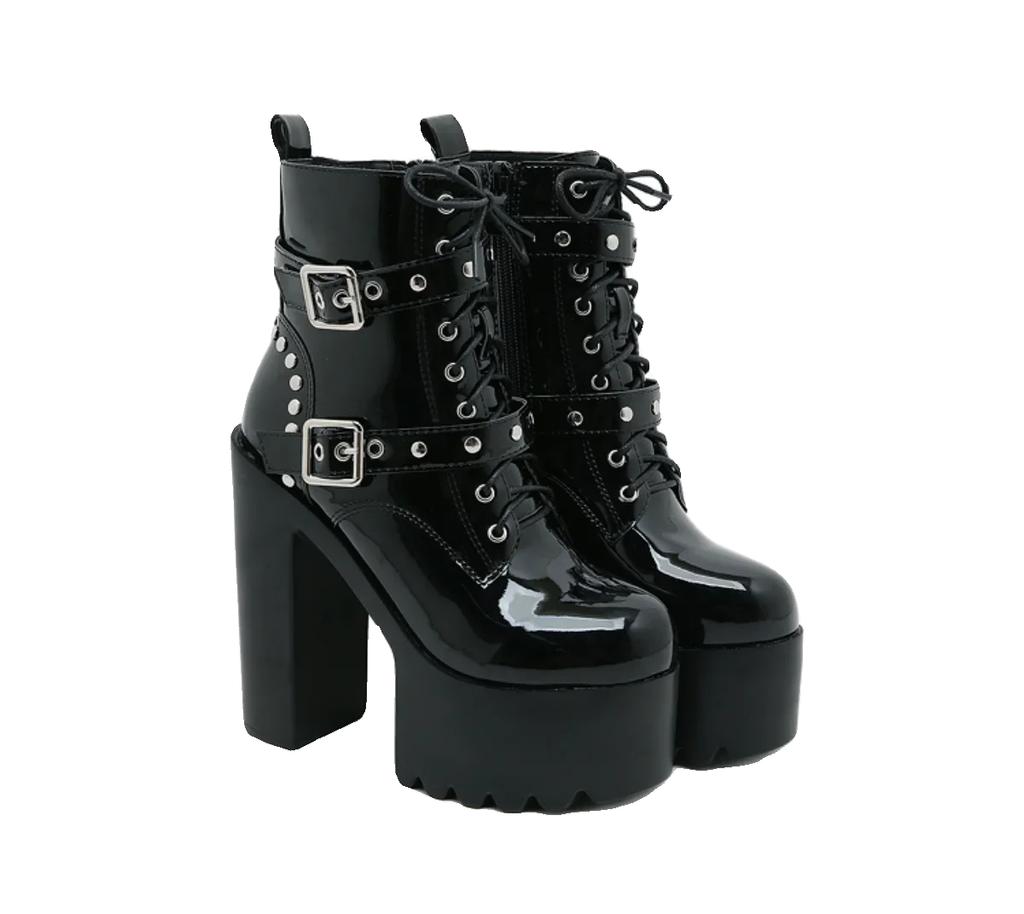 Fashion 14CM Women Chunky Ankle Boots Leather cosplay Round Toe Platform Knight Boots Shoes High Heels Black White Thick Heel Lace Up