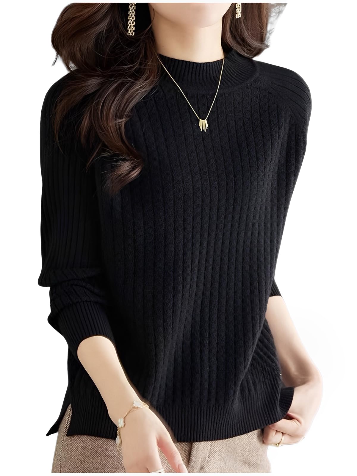 

Вязаный свитер с высоким воротником женский, рукав, в рубчик, простой, цвет, черный, L, осень/зима чёрный