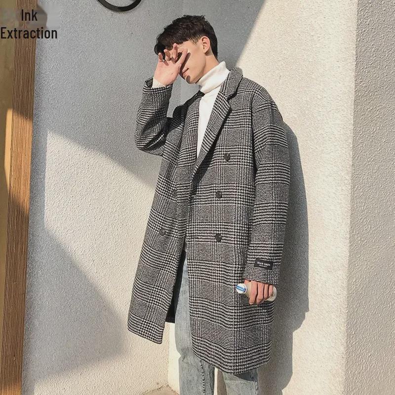 Herren Trendiger Doppelreiher Woll-Plaid Trenchcoat - Herbst/Winter Koreanischer Hong Kong Stil, Übergröße verfügbar