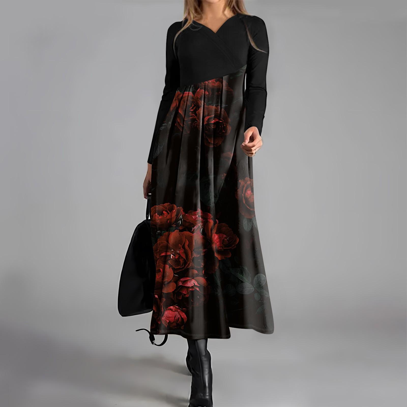 

Женское повседневное модное платье с V-образным вырезом и длинными рукавами, цветочным принтом, карманом на талии, свободное платье XL винный