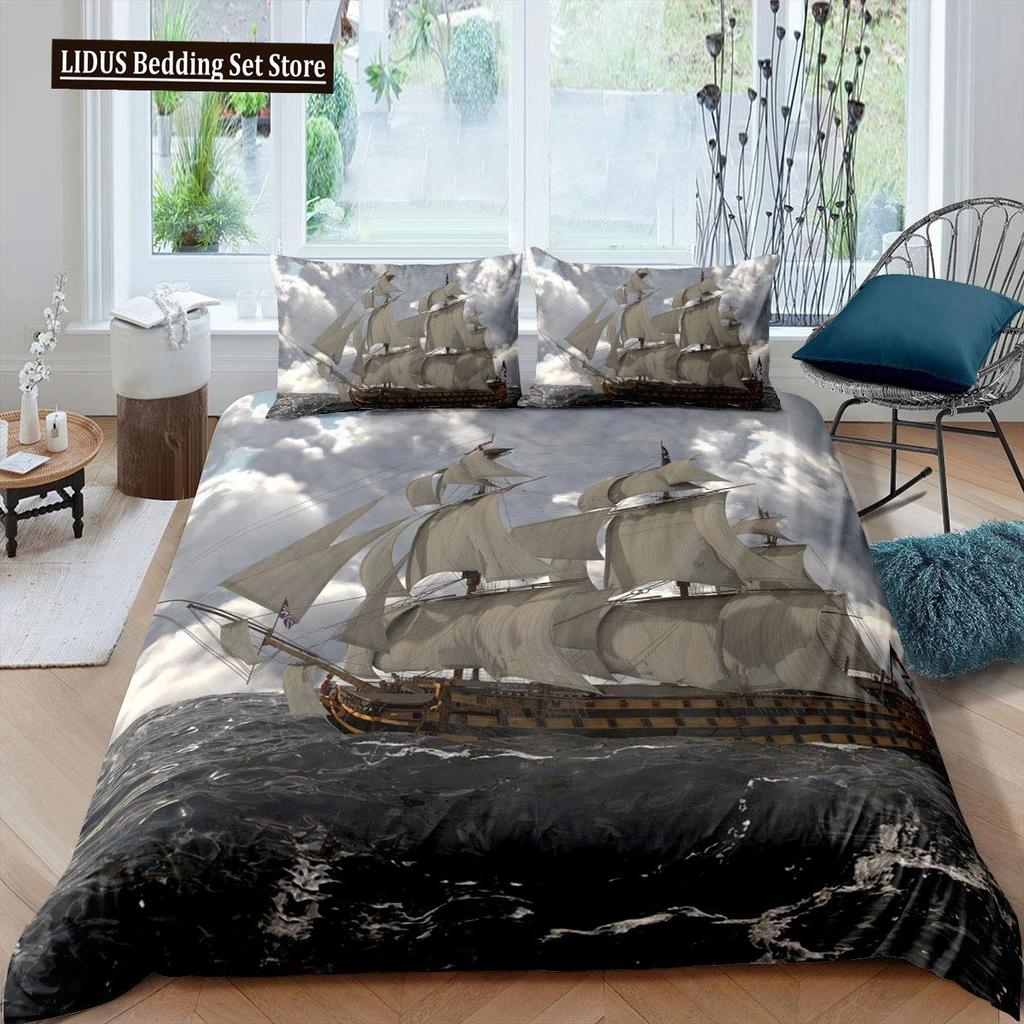 Pirate Duvet Cover Set Queen Sailboat Comforter Set Nautical Ocean Bedding Set Cool Style Quilt Co