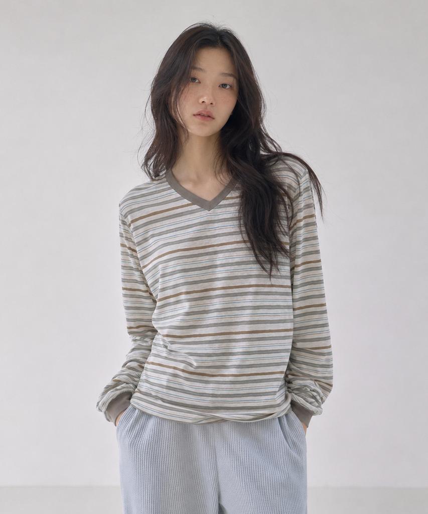 Sayu Mild Stripe V-Neck T-Shirt Mocha