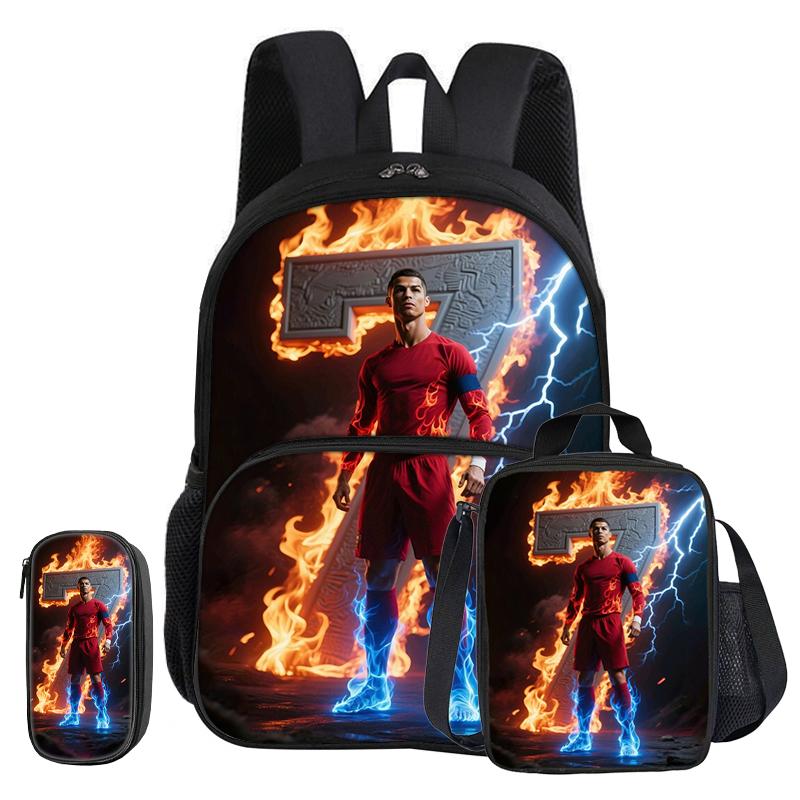 Ronaldo 3 Pcs Set with Front Pocket Backpack Football Sport with Thermal Insulated Lunch Tote Purse CR Football Star Pencil Case