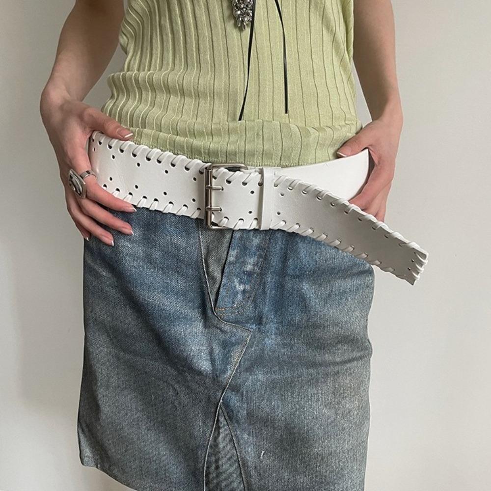 Korean Style PU Leather Waistband Woven Western Cowboy Belt Fashion Women Wide Belt  Spicy Girl