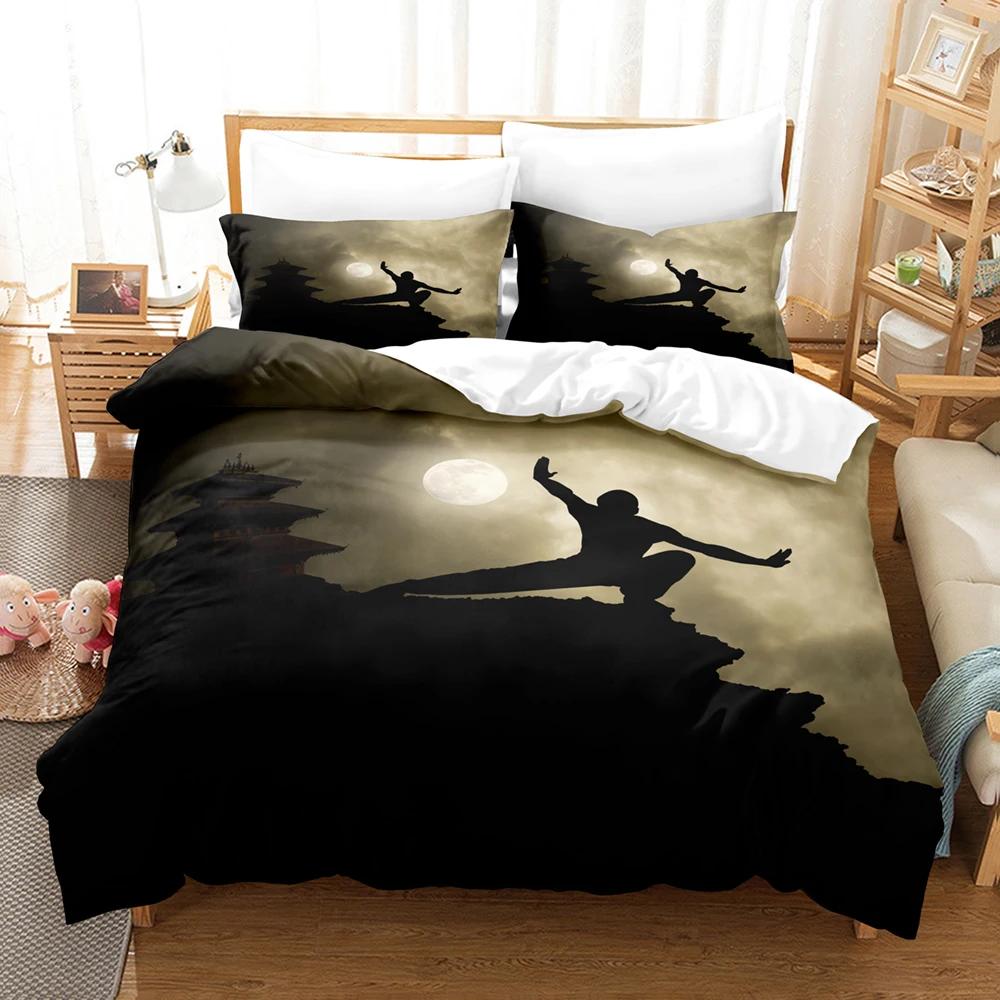 Chinese Kungfu Duvet Cover Black Cartoon Martial Artist Silhouette for Adult Teens Boys China Cultural Theme Bedroom Decoration