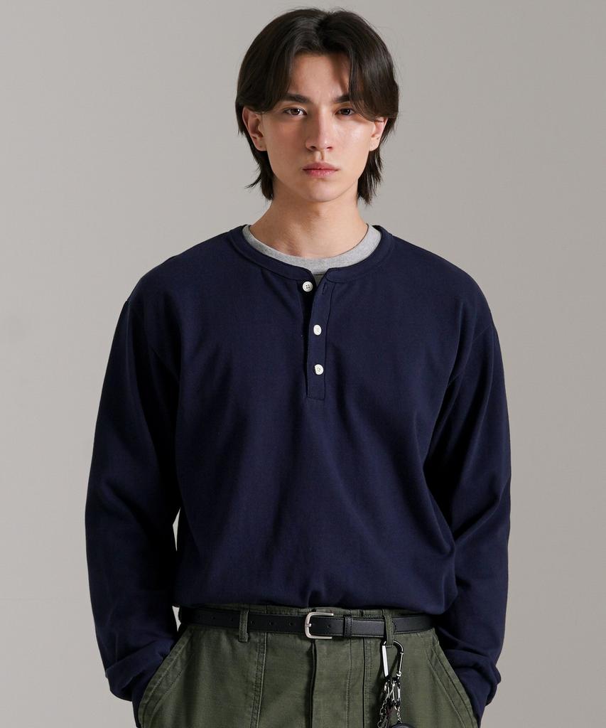 PERSTEP Stable Henley Neck Long Sleeve Tee Navy Sjlt4748