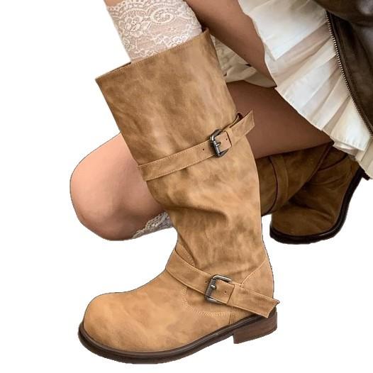 "Fried Street Babes!" Retro polished old locomotive boots women's thick heel medium boots tooling but knee boots