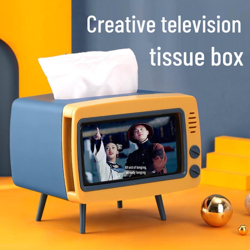 Retro TV Tissue Box and Mobile Phone Holder - Multi-functional for Home, Living Room, Coffee Table, and Restaurant Use.