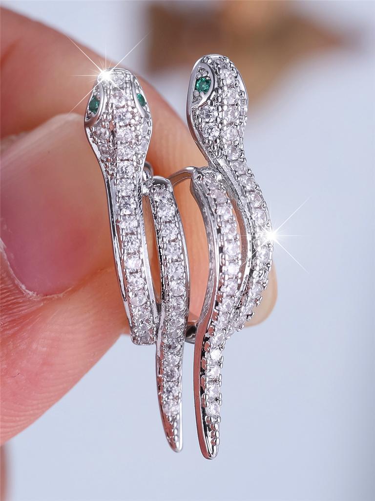 Cute Female Small White Green Zircon Stone Snake Animal Hoop Earrings Fashion Silver Color Wedding  For Women