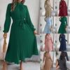 Herbst und Winter Damen Freizeitkleid Elegant Stehkragen Lange Ärmel Taillenfalten Langes Kleid