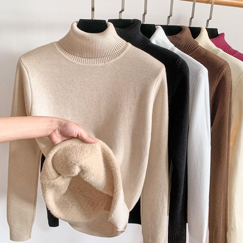 

Женский зимний теплый вязаный свитер из меха норки с высоким воротом и дополнительной толщиной бархата. Зимний модный цельный бархатный свитер-пуловер. XL