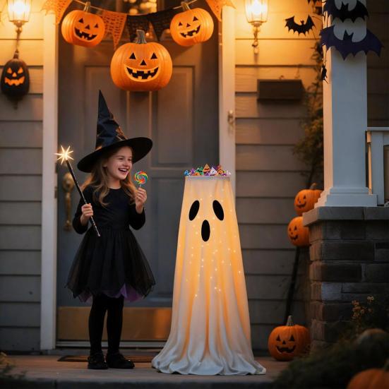 32" Lysende Spøkelse Godteriskål Stativ Utendørs Glødende Spøkelse Halloween-dekorasjon Søt Knask eller Knep Godteholder for Ytterdør Verandadekor