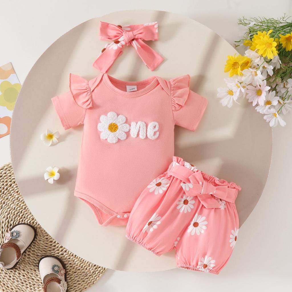 Baby Girl Summer Romper & Shorts Set - "Letter" Top with Belted Flower Pants