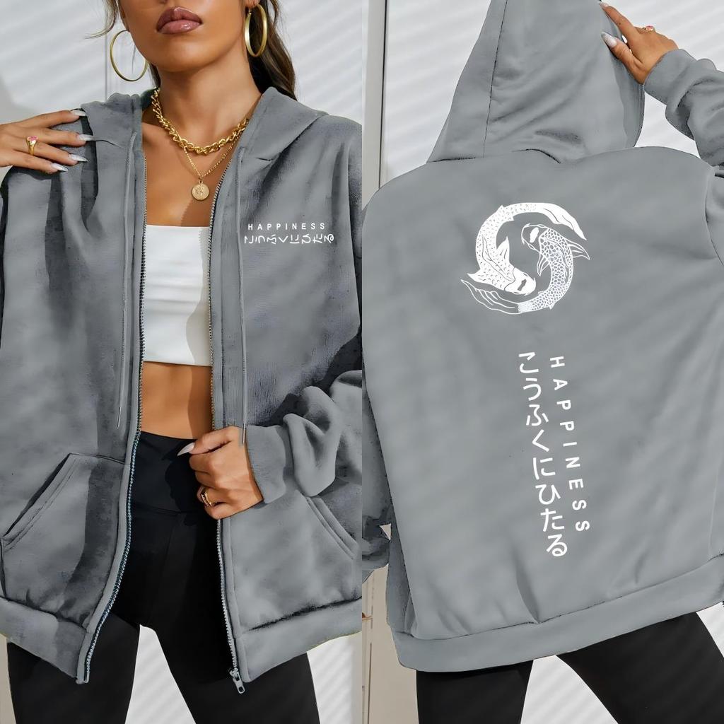 Two Koi Carps Of Happiness Printing Zipper Hoodie Women Street Fleece Hoody Casual Hoodies Autumn Loose Clothes