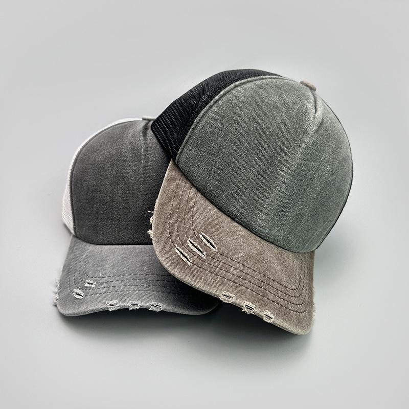 Contrasting Color Washed Mesh Baseball Cap Men'S And Women'S Sunshade Retro Breathable Hole Wind Truck Hat