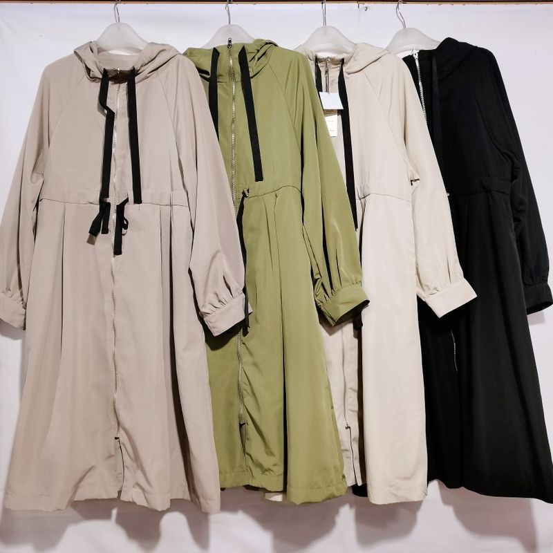 Export Original Order Leftover Stock Hooded Long Windbreaker Women's Single Layer Quick-Drying Waist-Tight Stylish Coat Dress Pure Color Special Offer