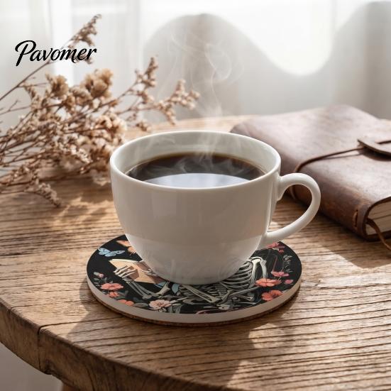 Vintage Style Coasters 6PCS Skull Pattern Wooden Coasters, Heat Insulation Moisture Absorption Drink Absorbent Retro Decorative Mats for Home