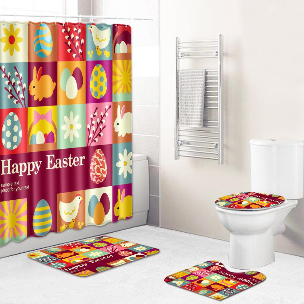Easter Bunny Shower Curtain Floor Mat Four-Piece Set Bathroom Toilet Carpet Shower Room Mat Foot Mat