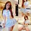 Women Crop Top Mini Pleated Skirt Stockings Schoolgirl Uniform Cosplay Costume