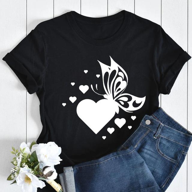 Butterfly Love Heart Print T Shirt Women Fashion Black T Shirt Female Short Sleeve Cute Graphic Tee Shirts Ladies Summer Tops