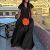 Women's V Neck Short Sleeve Maxi Dress Oversized Loose Waist Ruffle Tiered Big Swing Long Dress With Side Pockets For Spring Summer Street Vacation