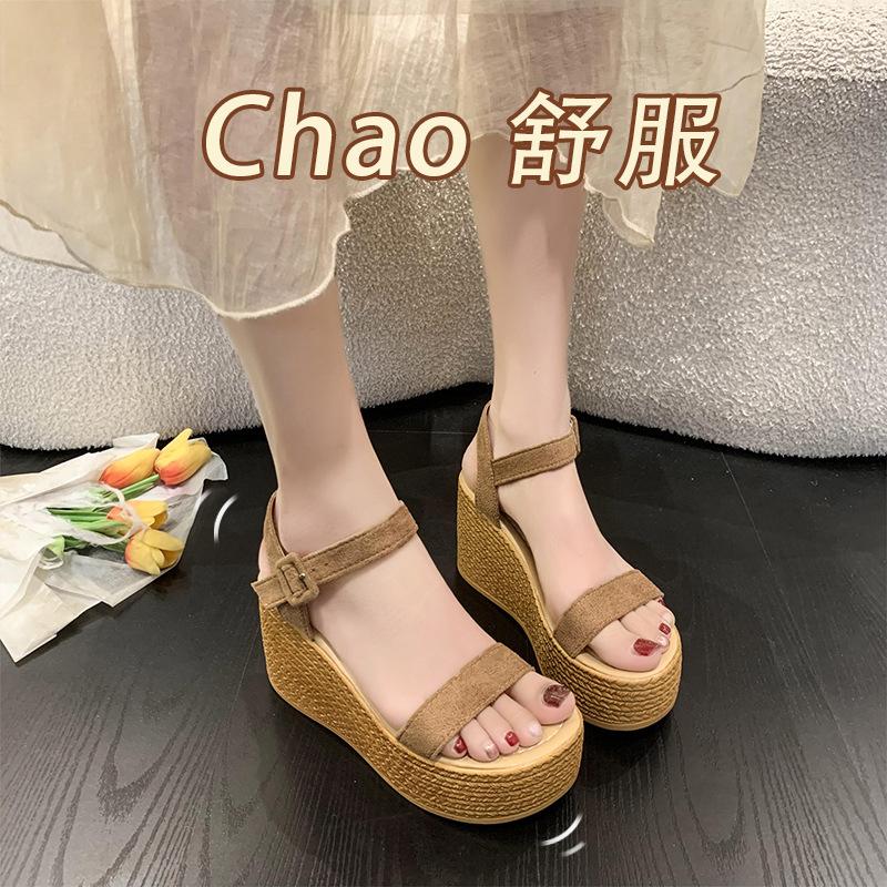 Korean Version of Sandals Female Summer Fairy Style High Heel Wedge Heel Muffin Thick Sole Word with Roman Shoes Female