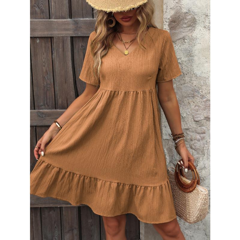 Women's Dress Summer Short Sleeve V Neck Loose Casual A Line Beach Vacation Dress Women Fashion Elegant Pleated Solid Color Ladies Bohemian Dresses
