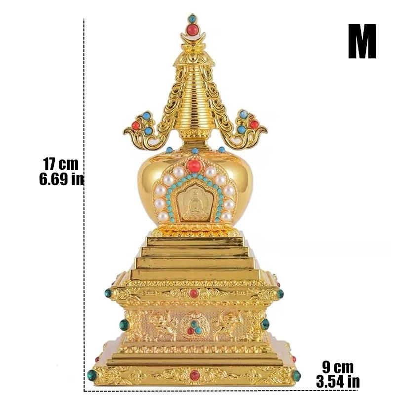 Bronze Tibetan Stupa Tantric Engraved Buddhist Statue Pearl Inlaid Gemstone Alloy Handicraft Altars Indoor Desktop Decorative