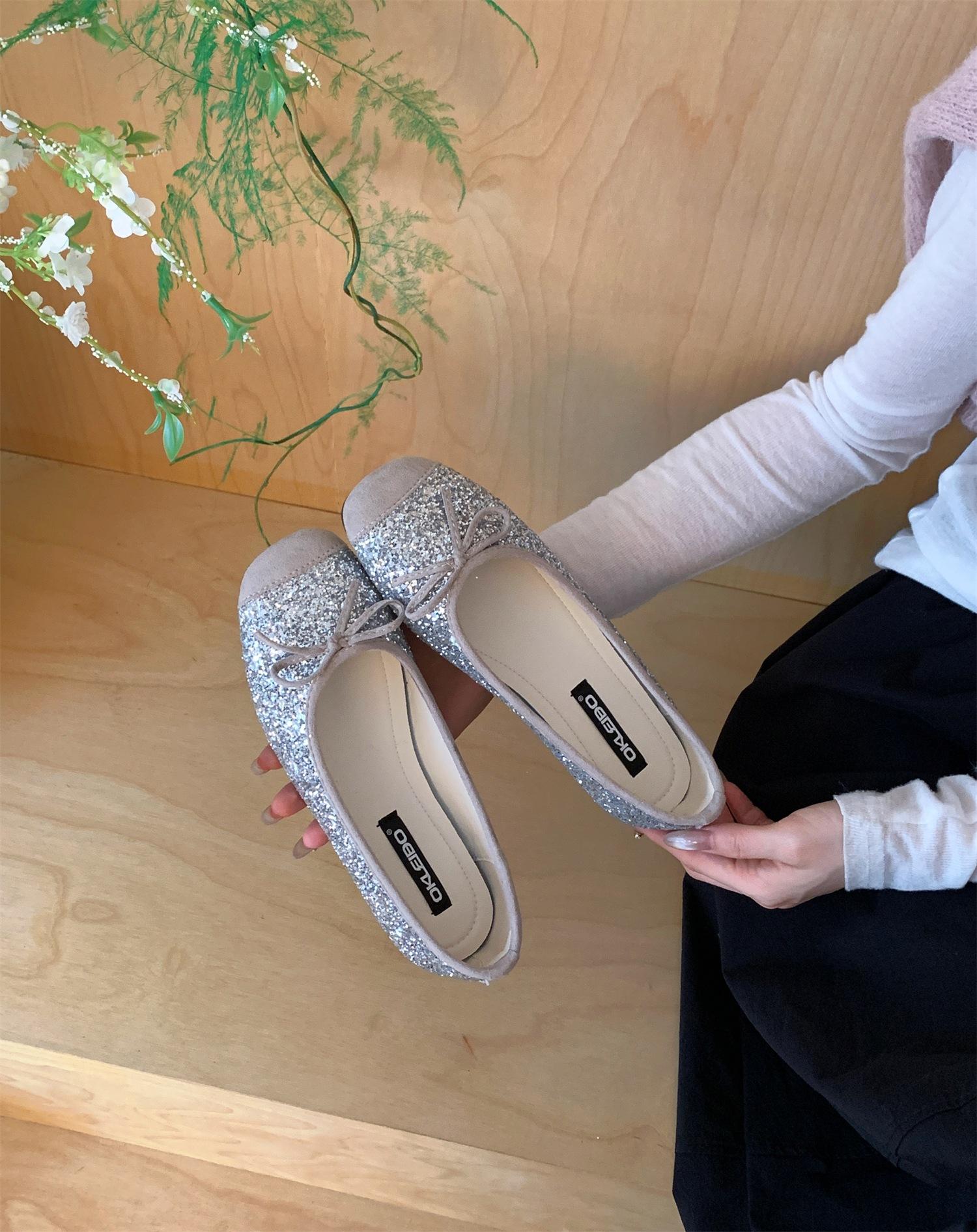 Women s Silver Square Toe Flat Bowknot French Style Unique Design Pumps - Fashionable Footwear 35